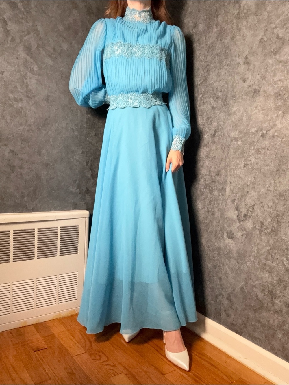 1970 Angela Cakiades Blue Chiffon Wedding Gown | Athes NY Paris Label